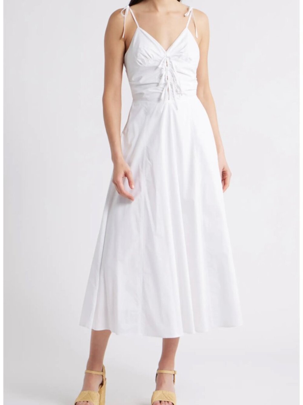 NWT Moon River White Cotton Poplin V-Neck Ruched Midi Dress | Size S